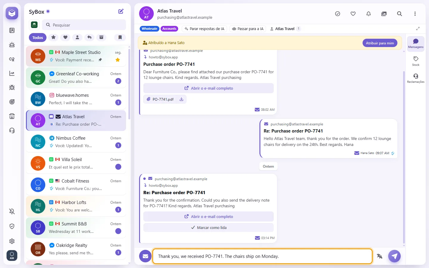 An email conversation: the reply typed in the box at the bottom, sent as an email