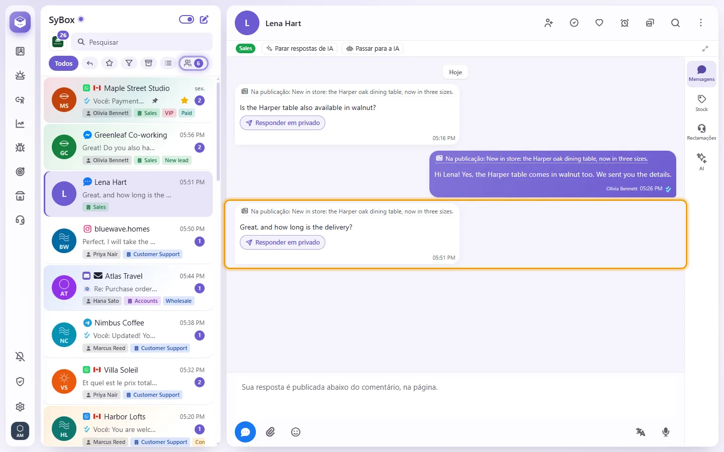 A comment from the Page's post in the inbox: "On post:" with the post's first words, and "View post"