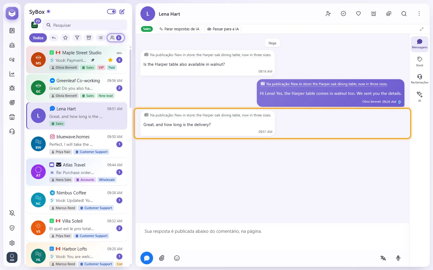A comment from the Page's post in the inbox: "On post:" with the post's first words, and "View post"