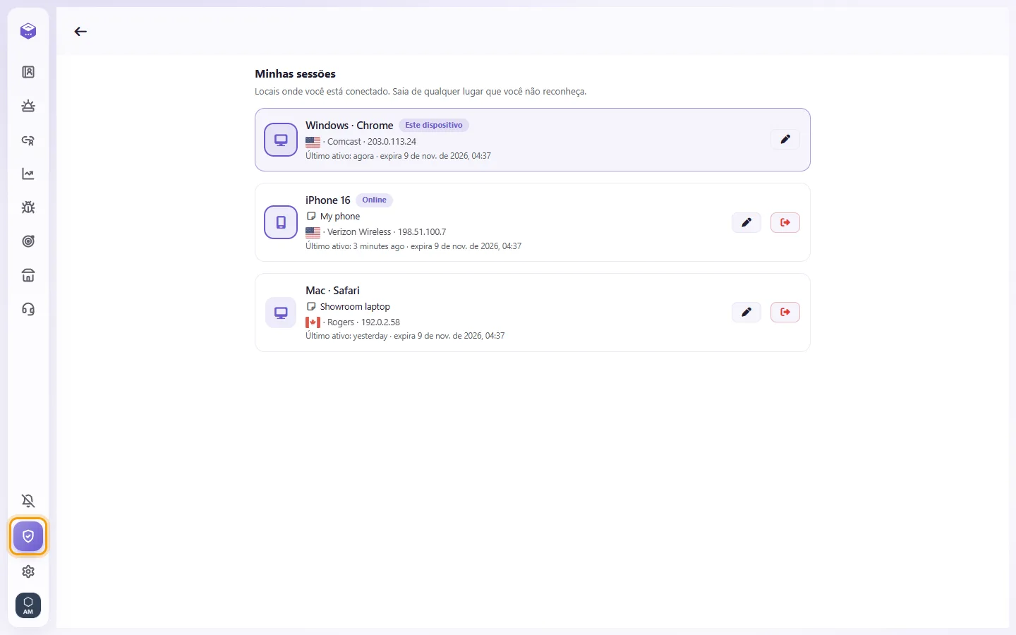 My sessions: every device you are signed in on, with where it is and when it was last active