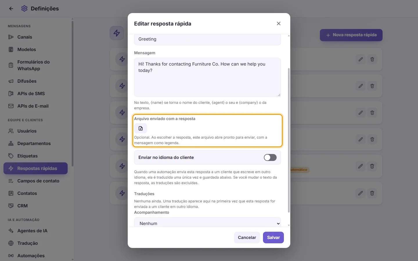 A quick reply: "File sent with the reply"