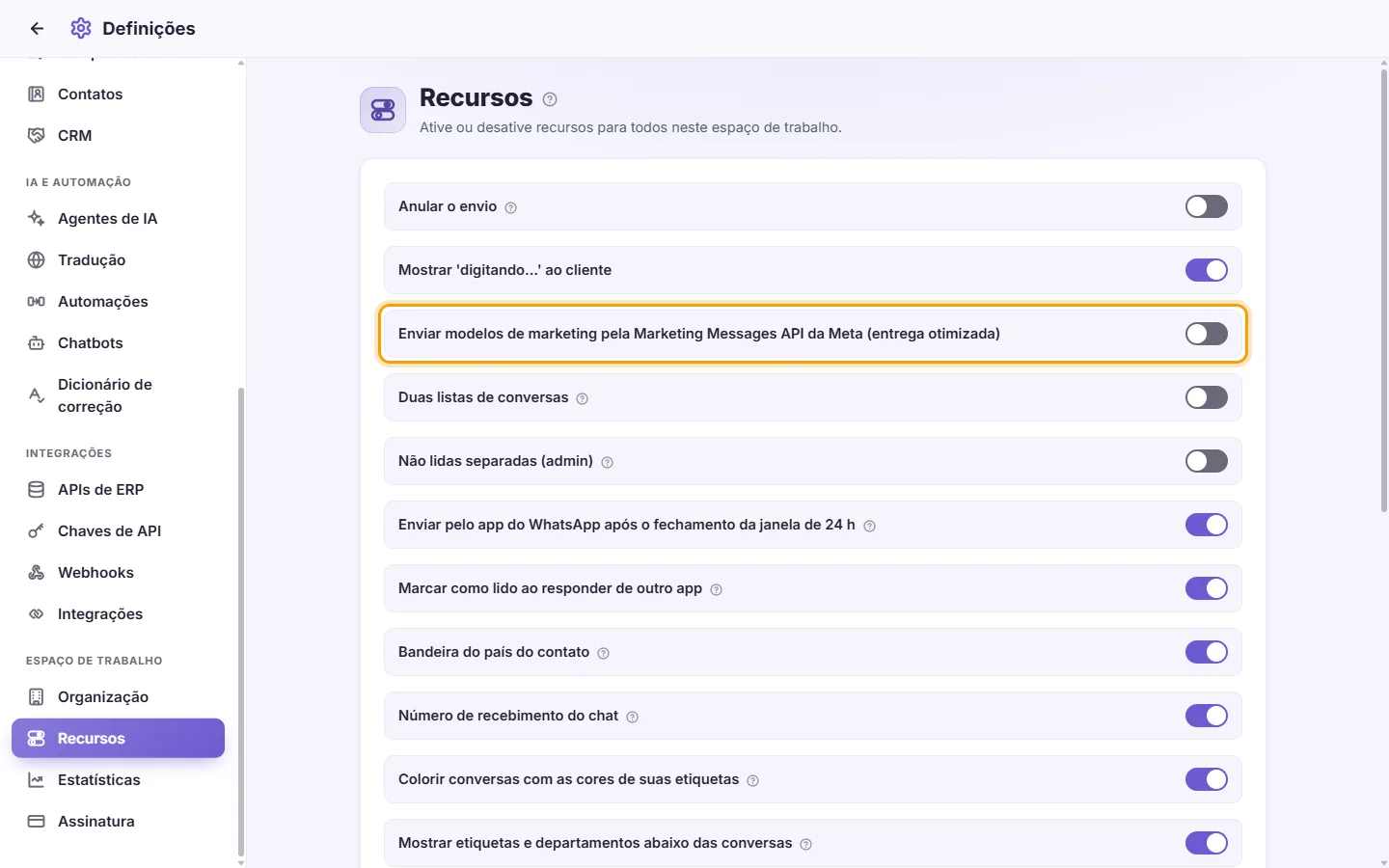 Settings, Features: marketing templates through Meta's Marketing Messages API