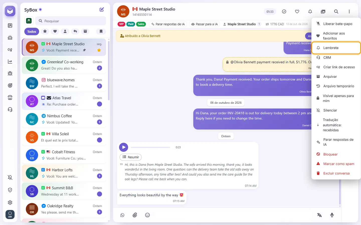A conversation's menu: "Reminder"