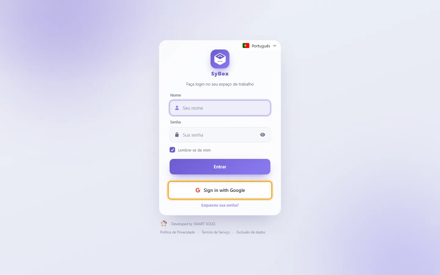 To sign in with Google: "Sign in with Google" marked on the screen in SyBox