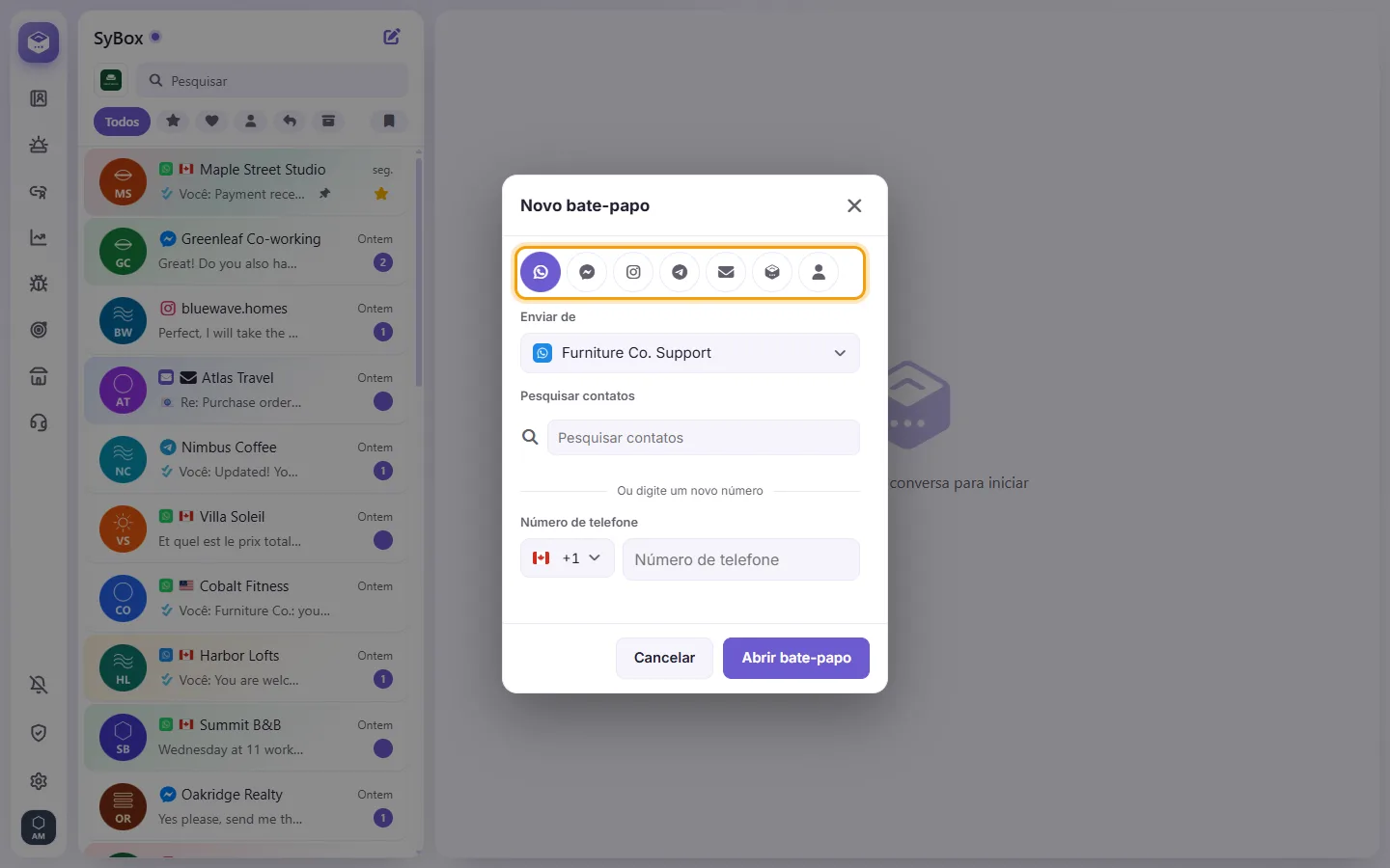 The New chat window: a tab for each channel, then the number it is sent from and the contact