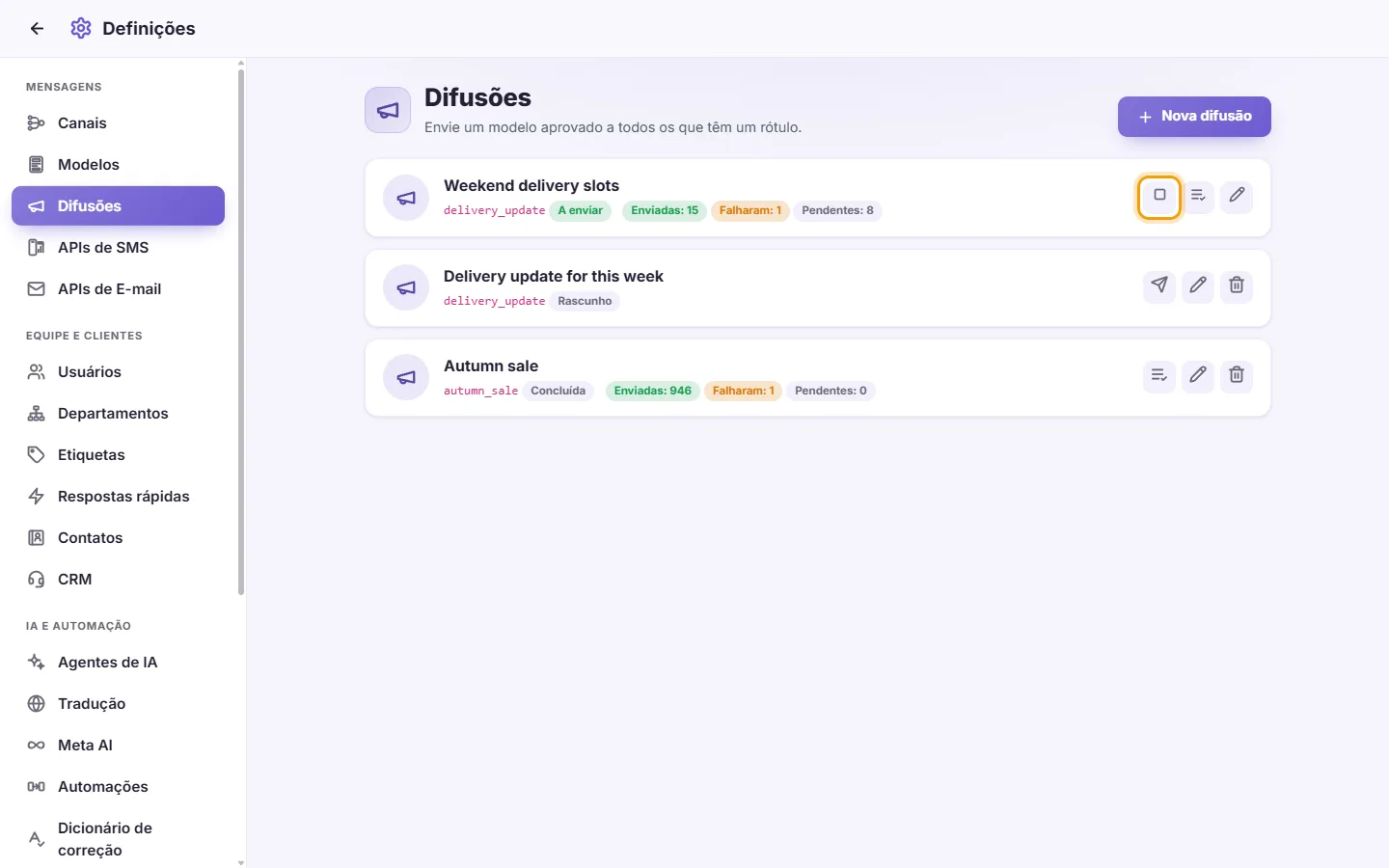 Settings, Broadcasts: a broadcast that is sending, with its Stop button