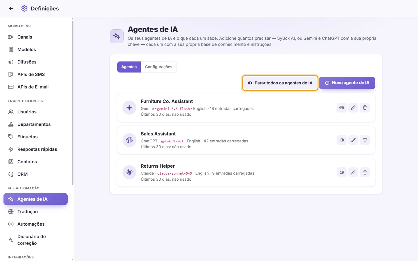 Settings, AI Agents: "Stop all AI agents" beside "New AI agent"