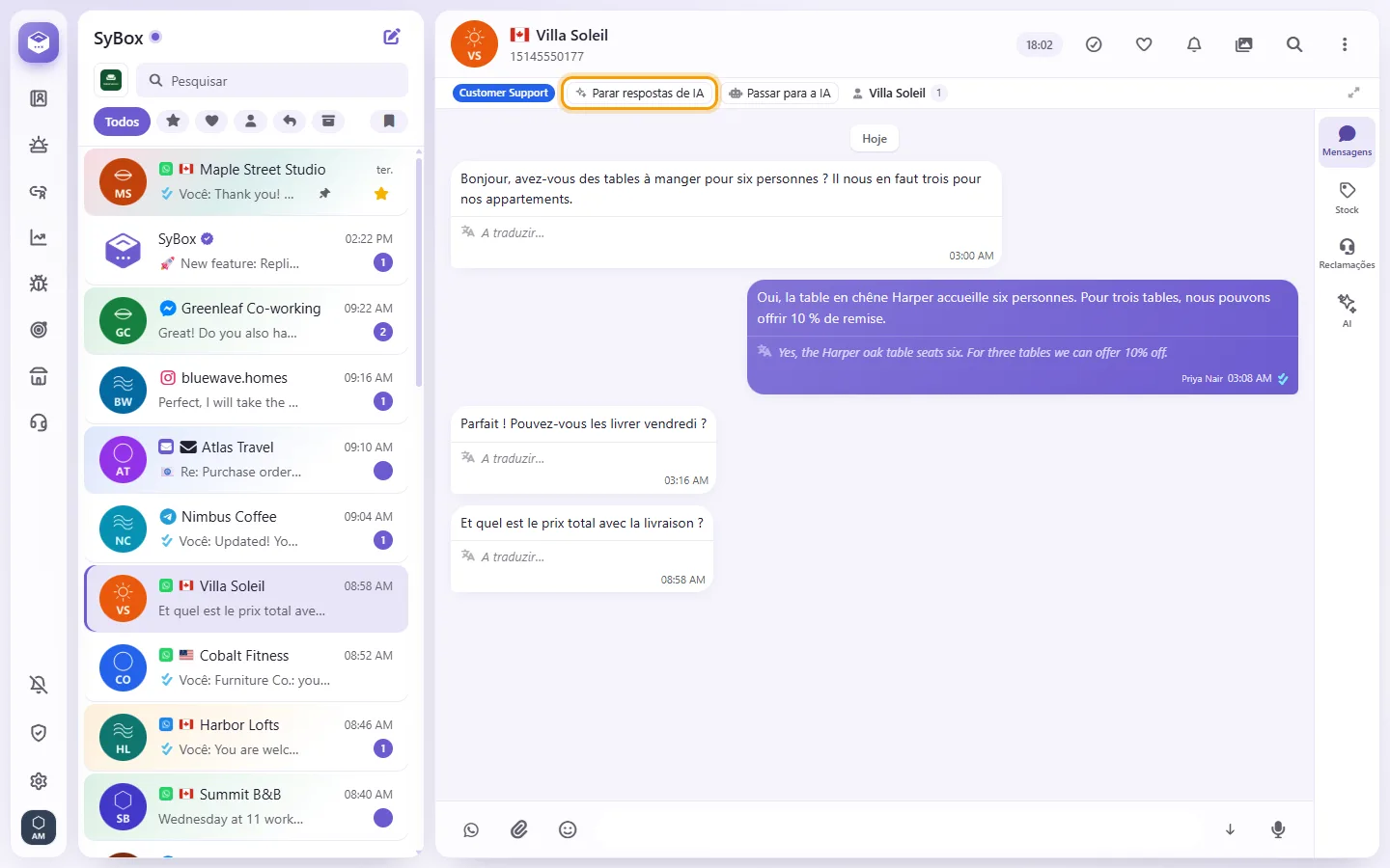 The bar under a conversation's name: the customer's department, "Stop AI replies" and "Hand to AI"