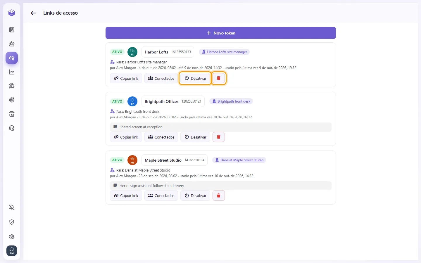 Access links: "Disable" switches a link off; the trash deletes it