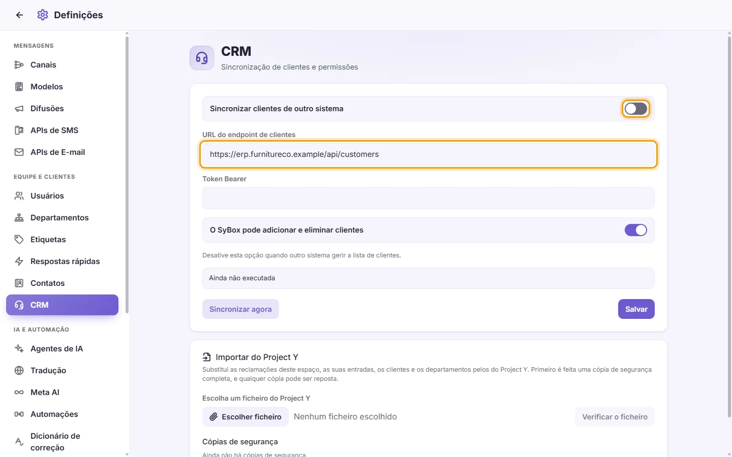 Settings, CRM: the "Sync customers from another system" switch and the address SyBox reads the customers from