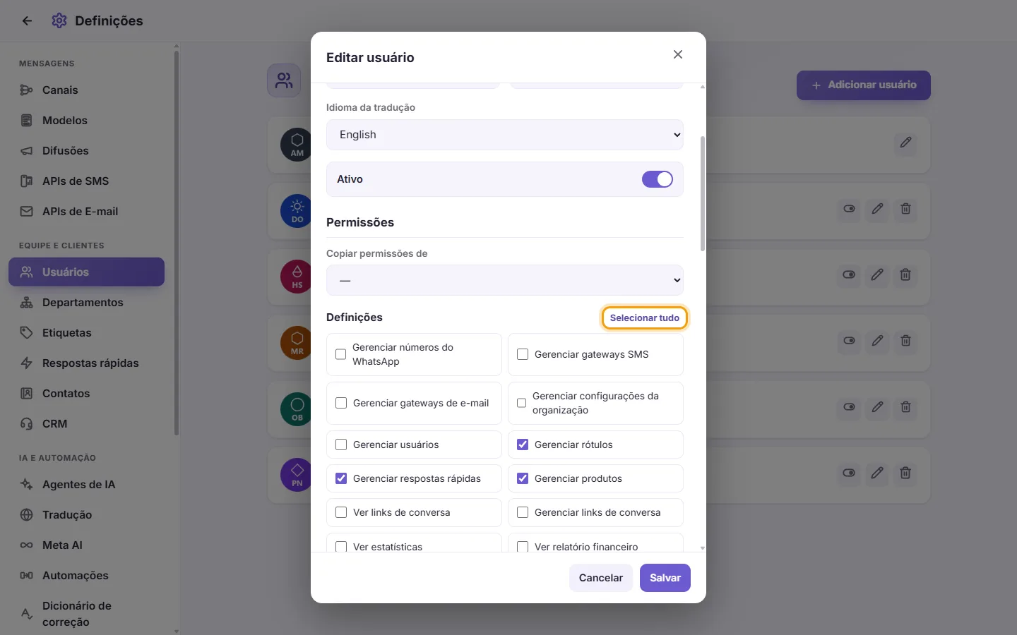 The Edit user window: the "Select all" button of the Settings permissions