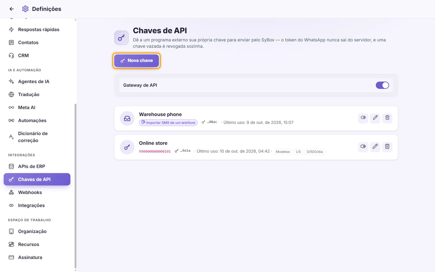 Settings, API keys: keys that let another program send through SyBox, and the "New key" button
