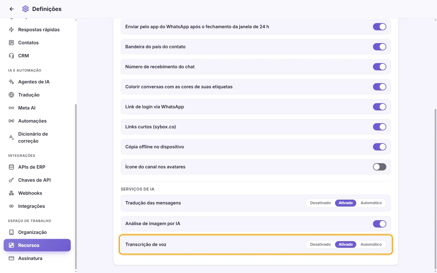 Settings, Features, AI services: "Voice transcription" with its Off, On and Auto choices