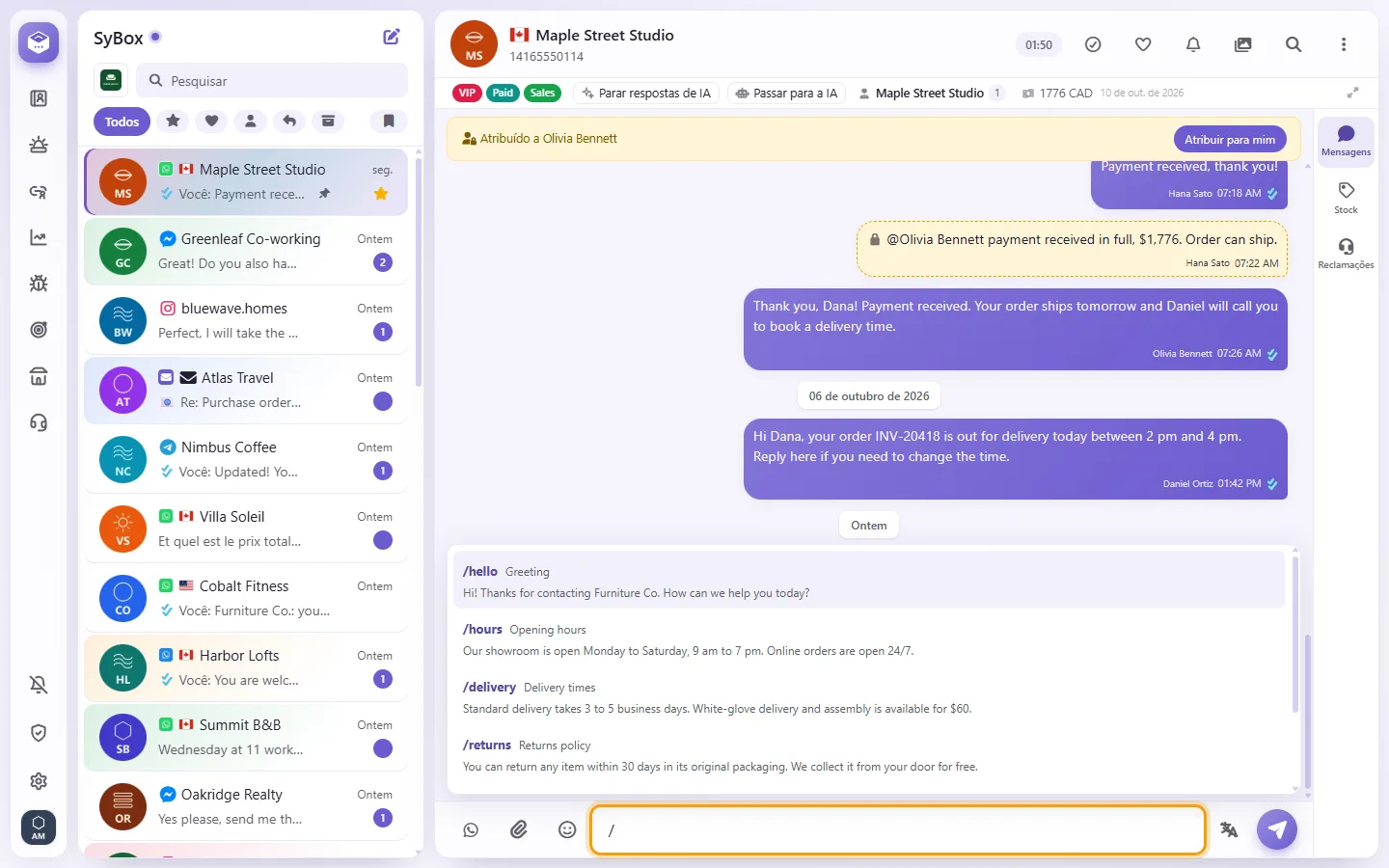 Typing a slash in the message box opens the quick replies