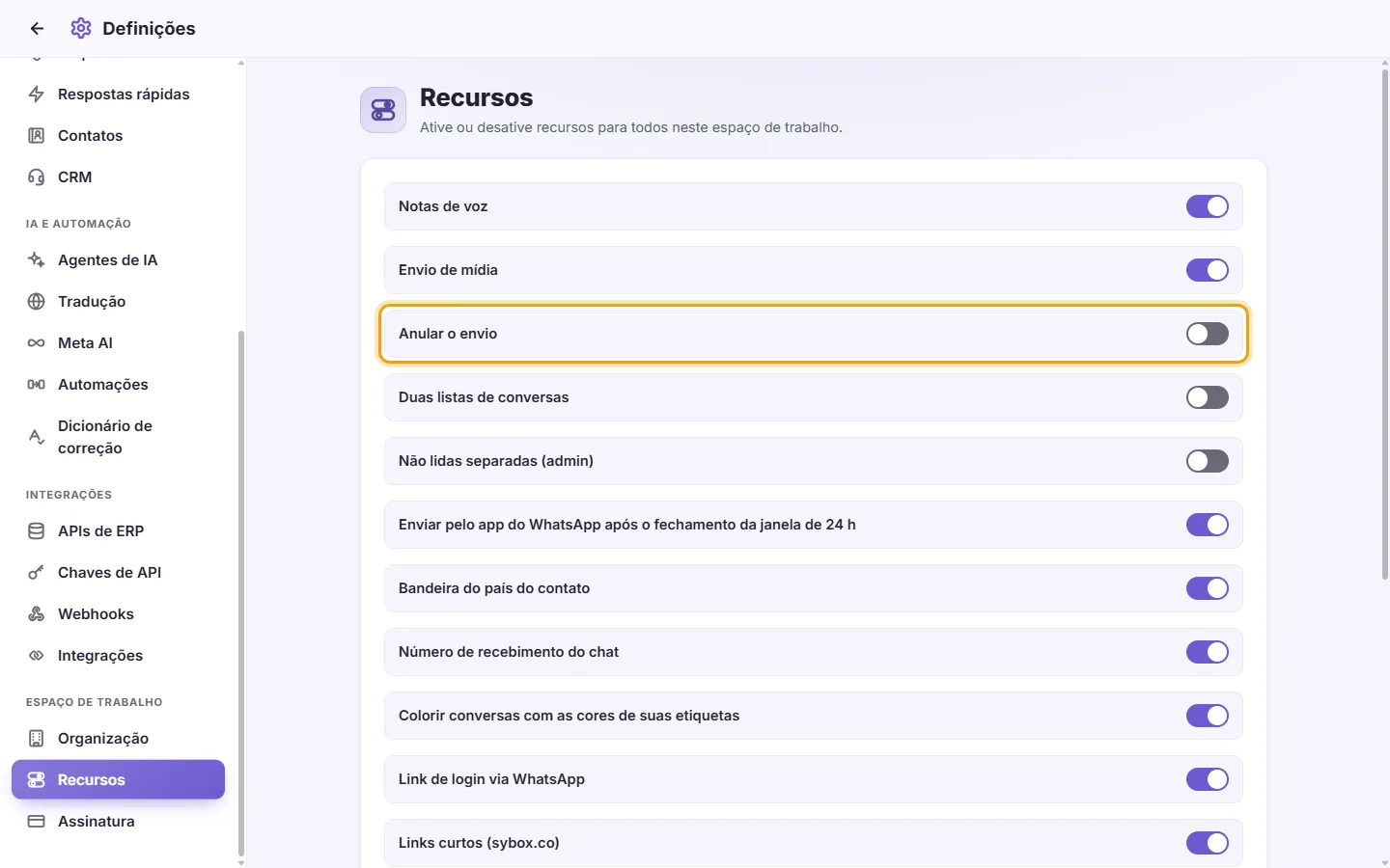 Settings, Features: each feature has a switch; clicking it saves at once