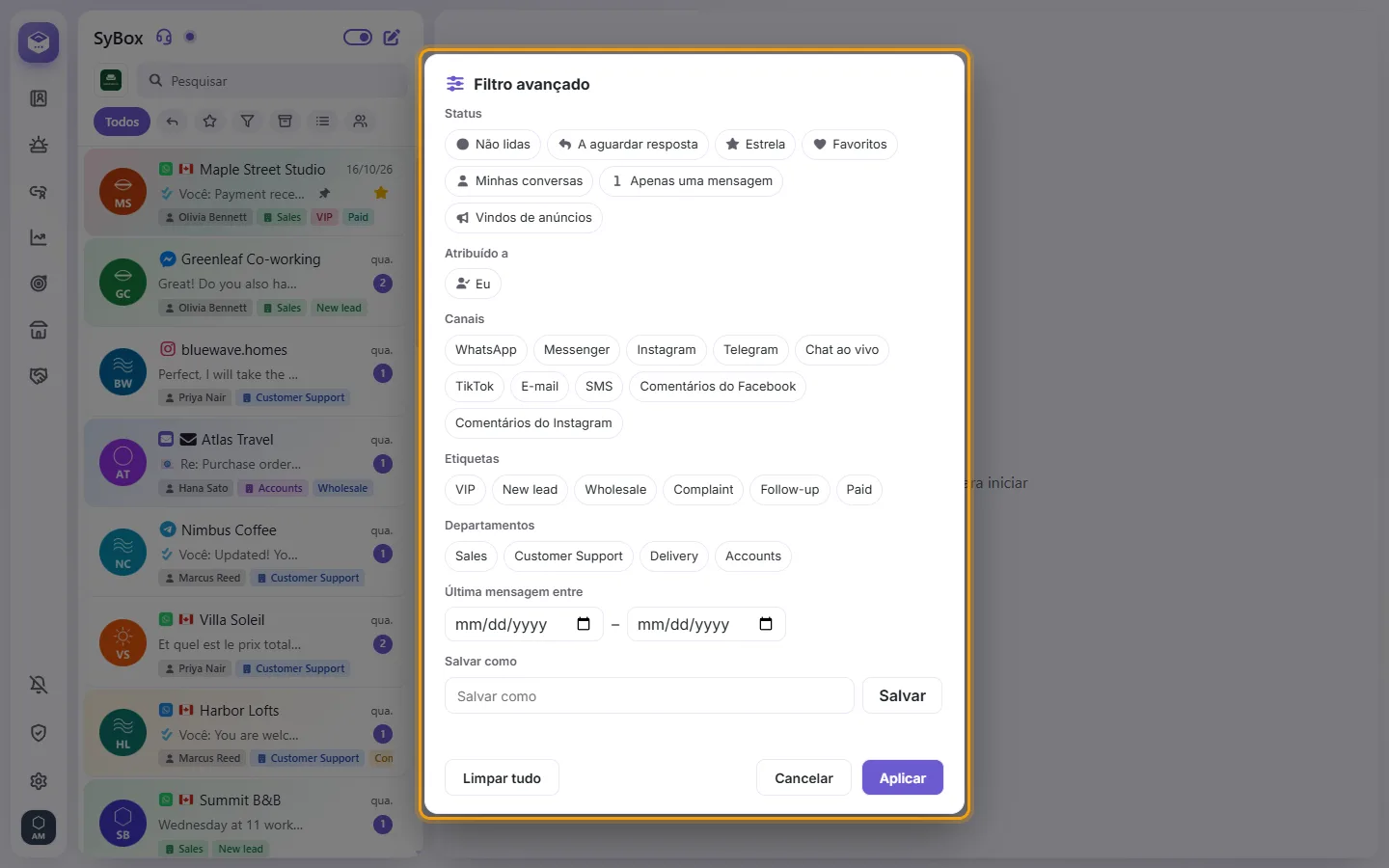 The advanced filter: status, assigned to, channels, labels, departments, contact fields, dates, and "Save as"