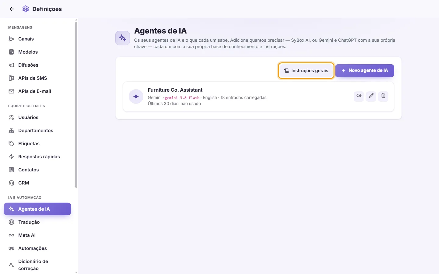Settings, AI Agents: the "Settings" tab, where the instructions for every agent are