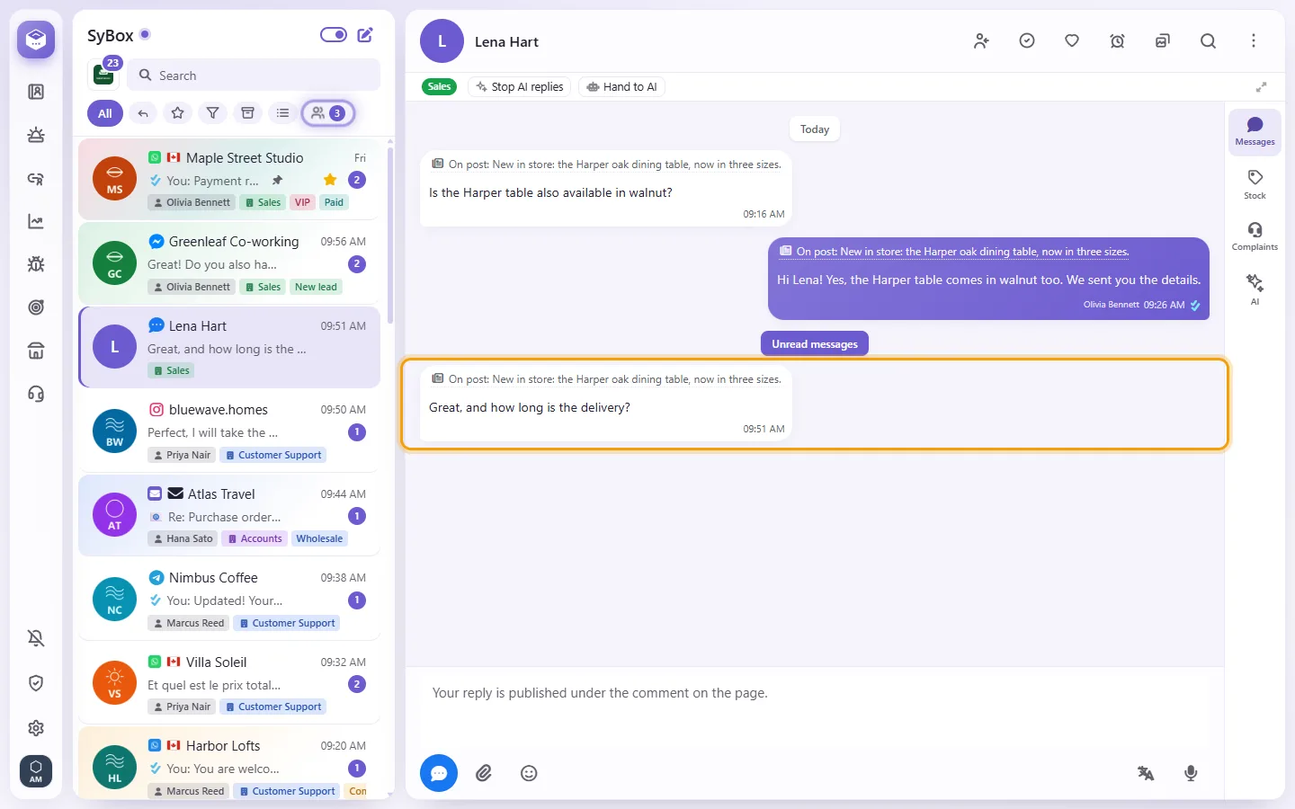 A comment from the Page's post in the inbox: "On post:" with the post's first words, and "View post"