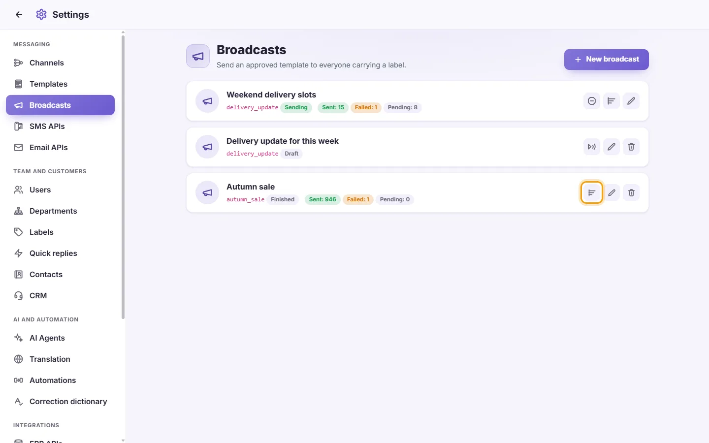 Settings, Broadcasts: the Results button on a finished broadcast