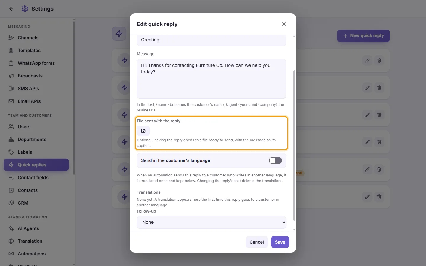 A quick reply: "File sent with the reply"