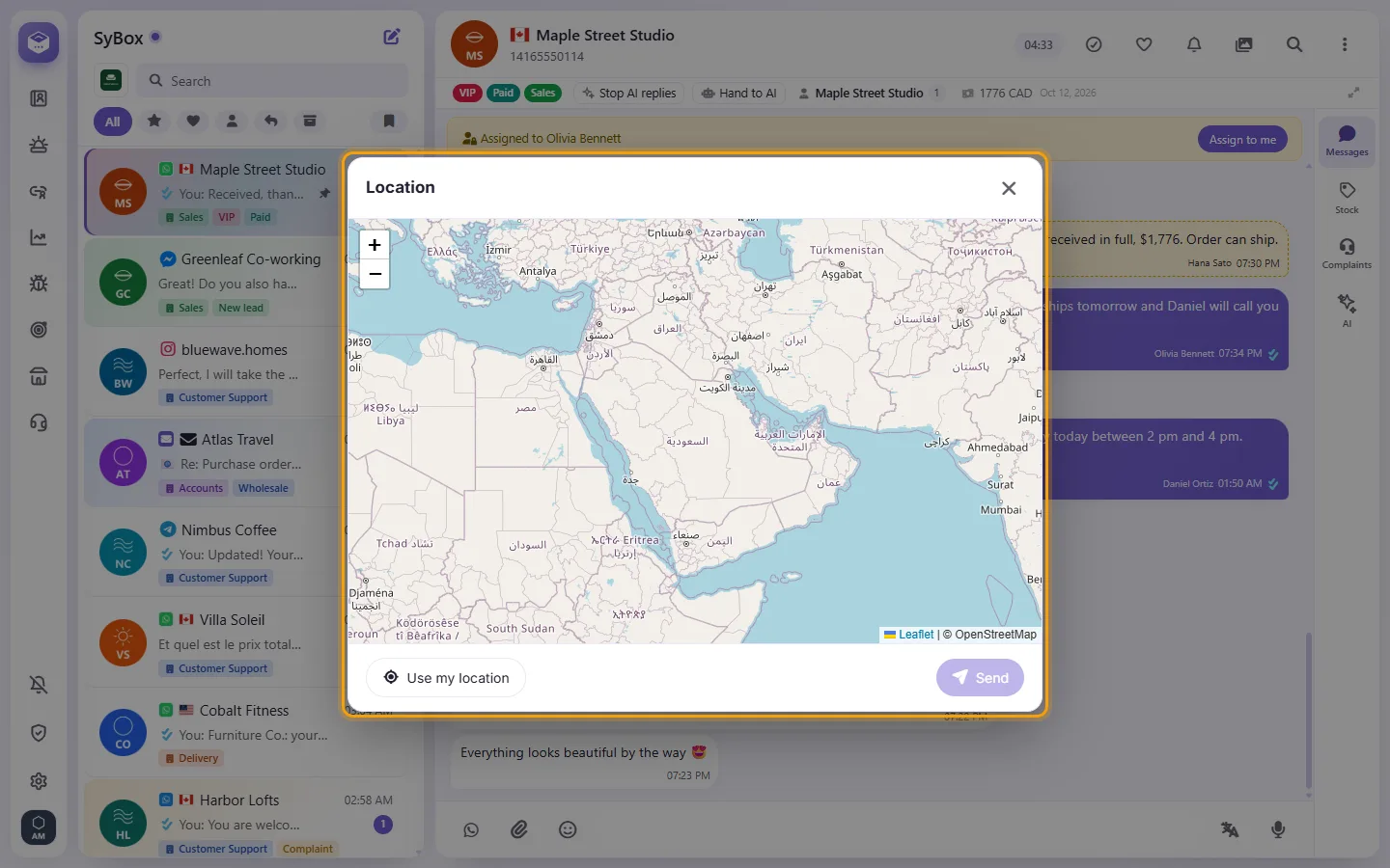 The Location window: a map with a pin, "Use my location" and Send