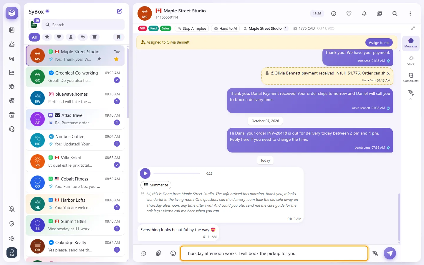 An open conversation, with a reply typed in the message box at the bottom