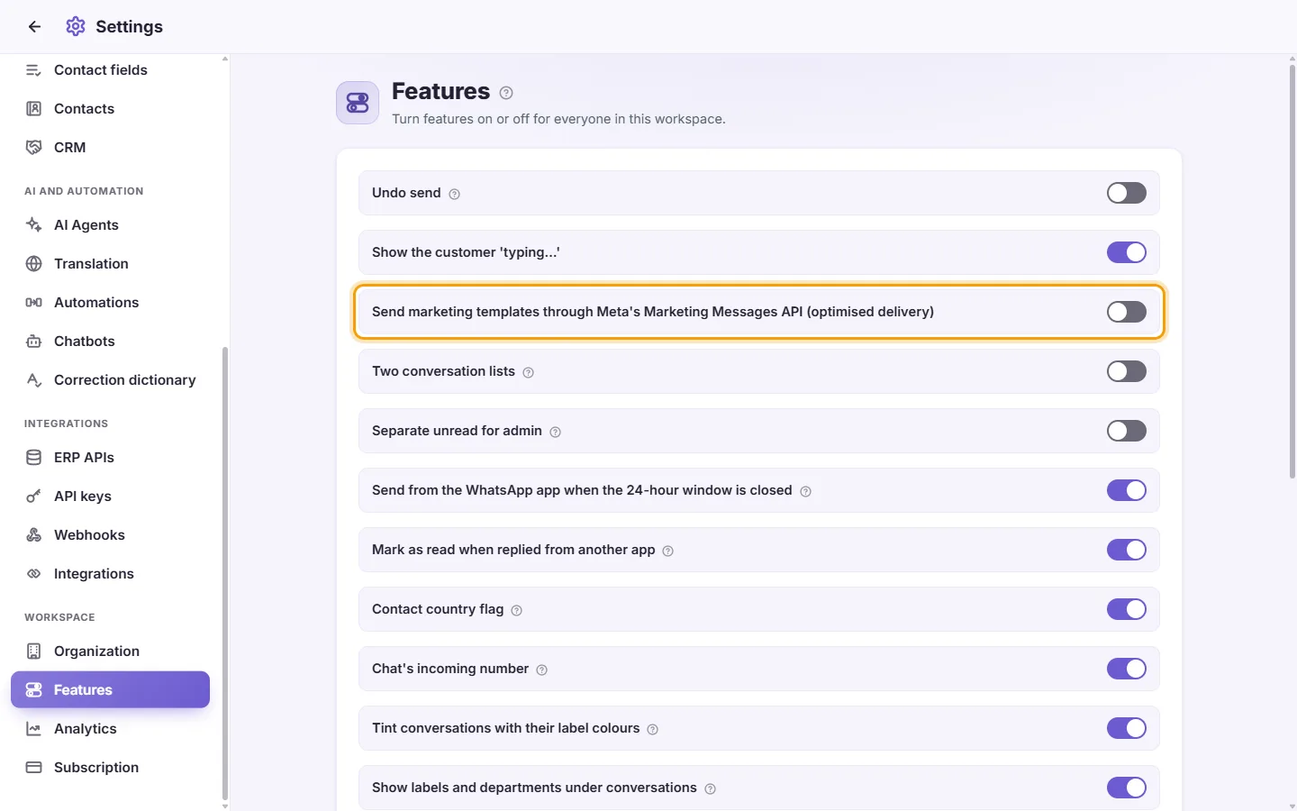 Settings, Features: marketing templates through Meta's Marketing Messages API