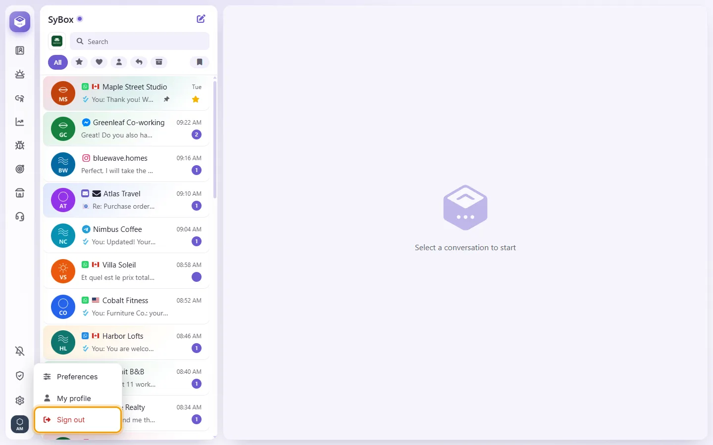 To sign out: "Sign out" marked on the screen in SyBox