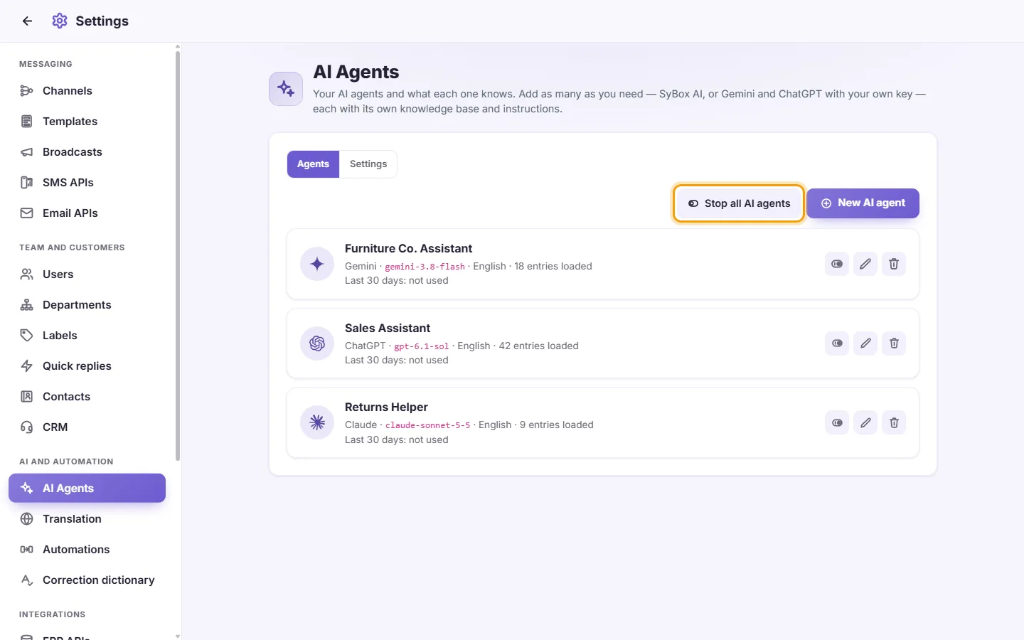 Settings, AI Agents: "Stop all AI agents" beside "New AI agent"