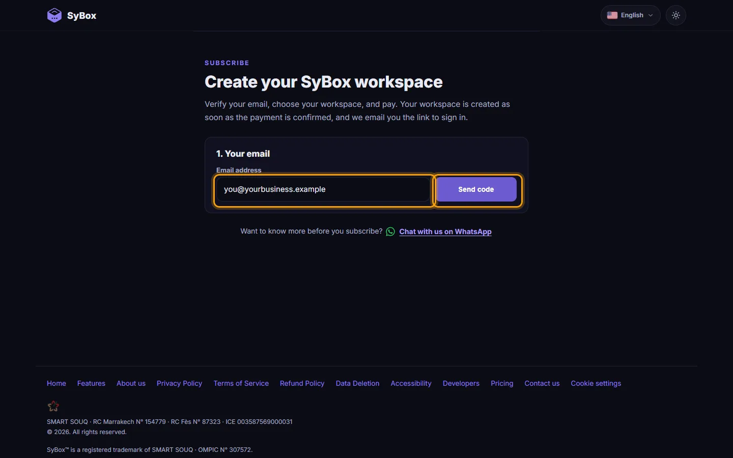 The Subscribe page: your email address and "Send code"