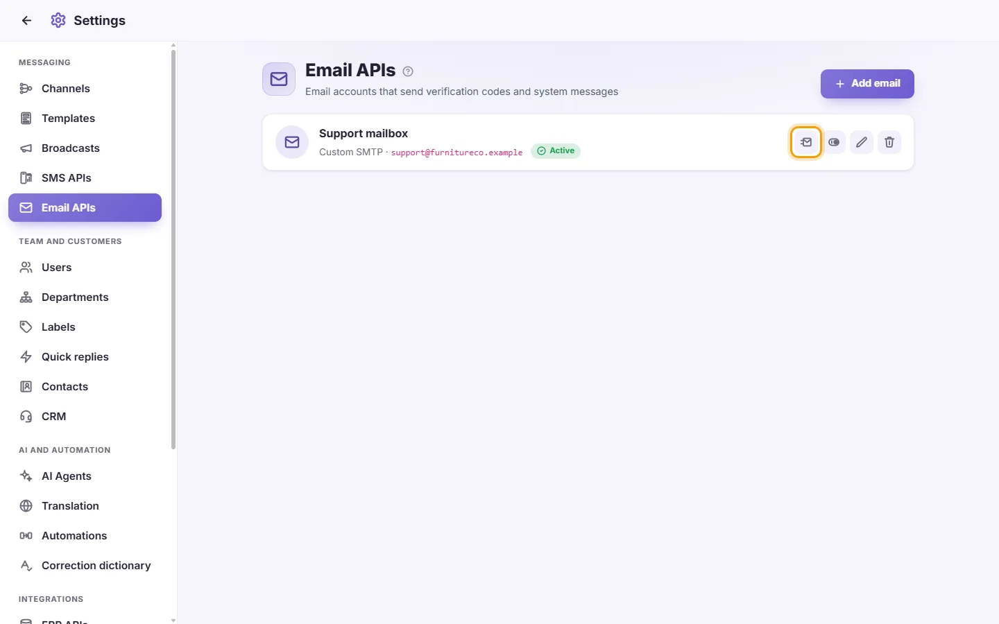 To test an email account: "Send a test email" marked on the screen in SyBox