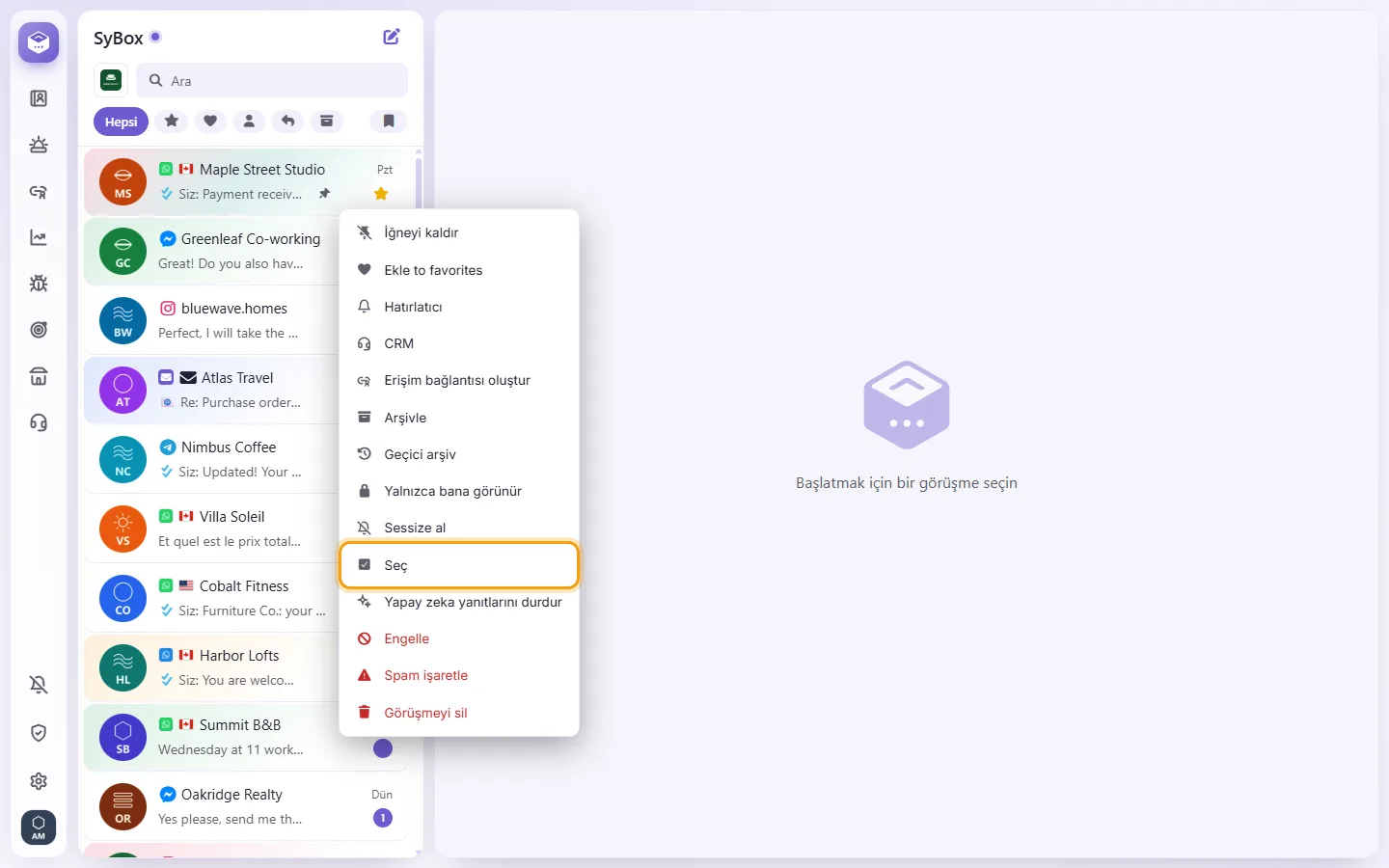 A conversation's menu in the list: "Select" starts choosing several conversations