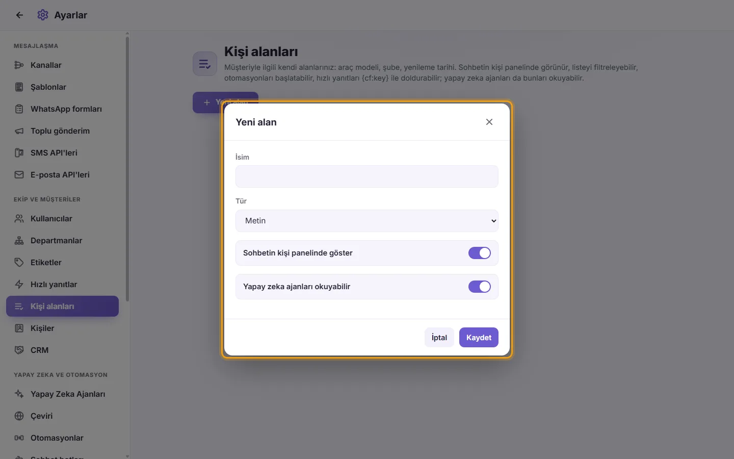 New field: name, kind, and the two switches