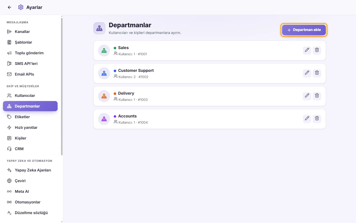 Settings, Departments: Sales, Customer Support, Delivery and Accounts, and the "Add department" button