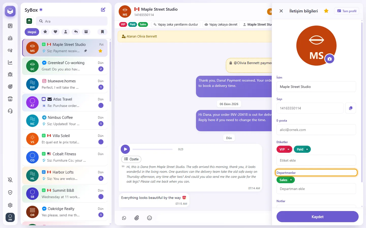 To add a department or a label to a conversation: "Departments" marked on the screen in SyBox