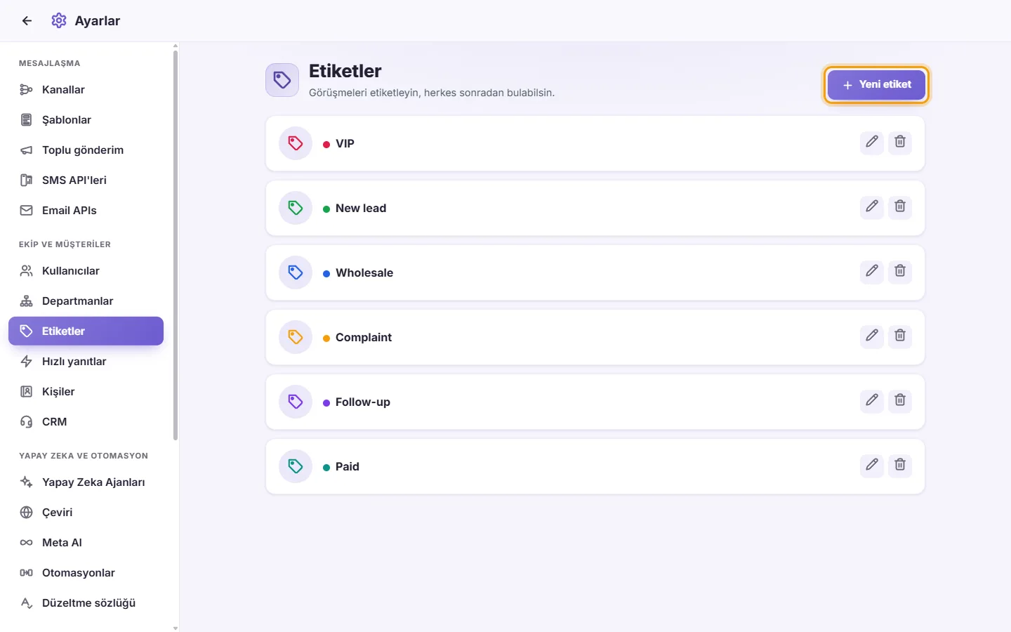 Settings, Labels: VIP, New lead, Wholesale, Complaint, Follow-up and Paid, and the "New label" button