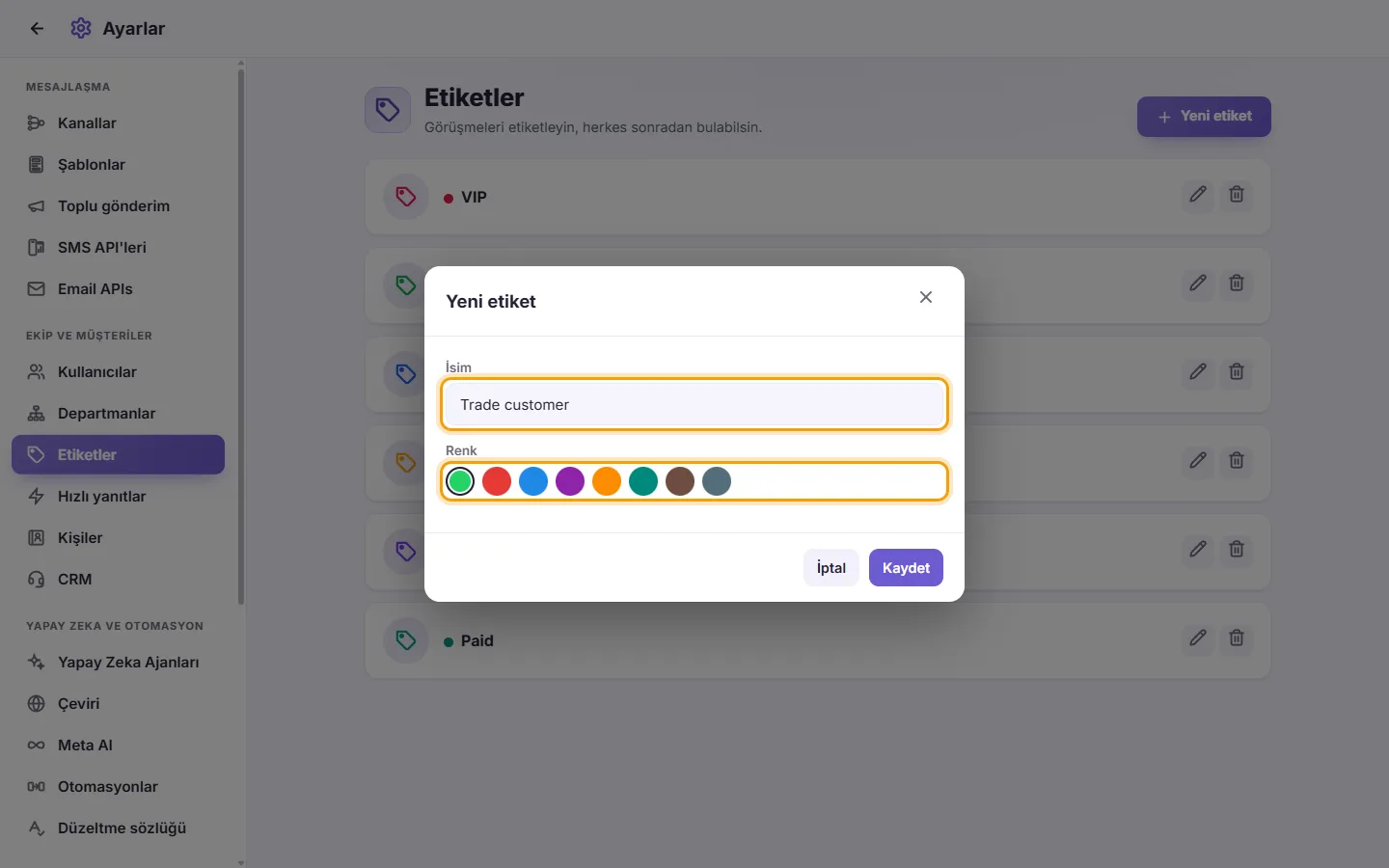 The new label window: its name ("Trade customer") and its color