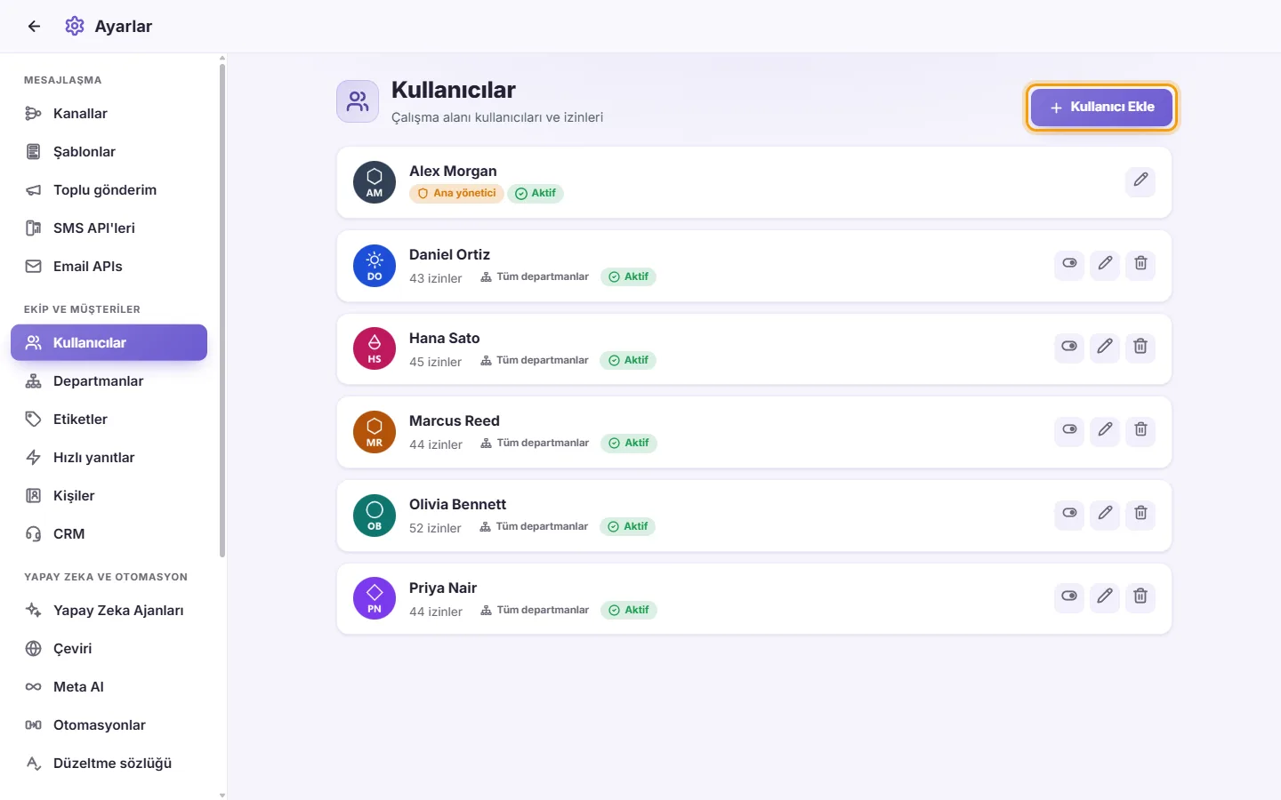 Settings, Users: the team with their departments, and the "Add user" button