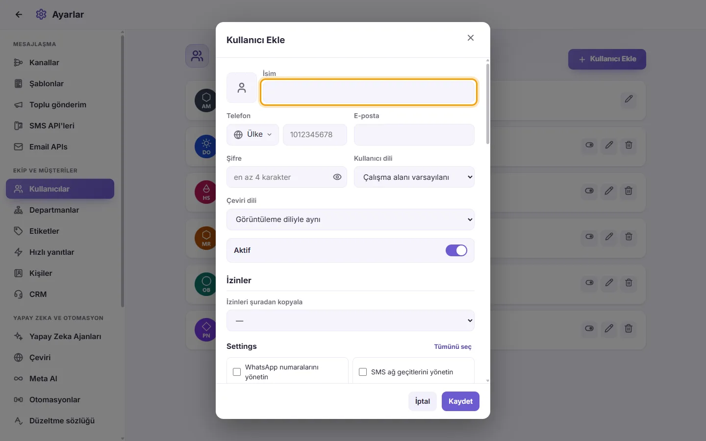 The new user window: the name first, then the sign-in details and what the user may do