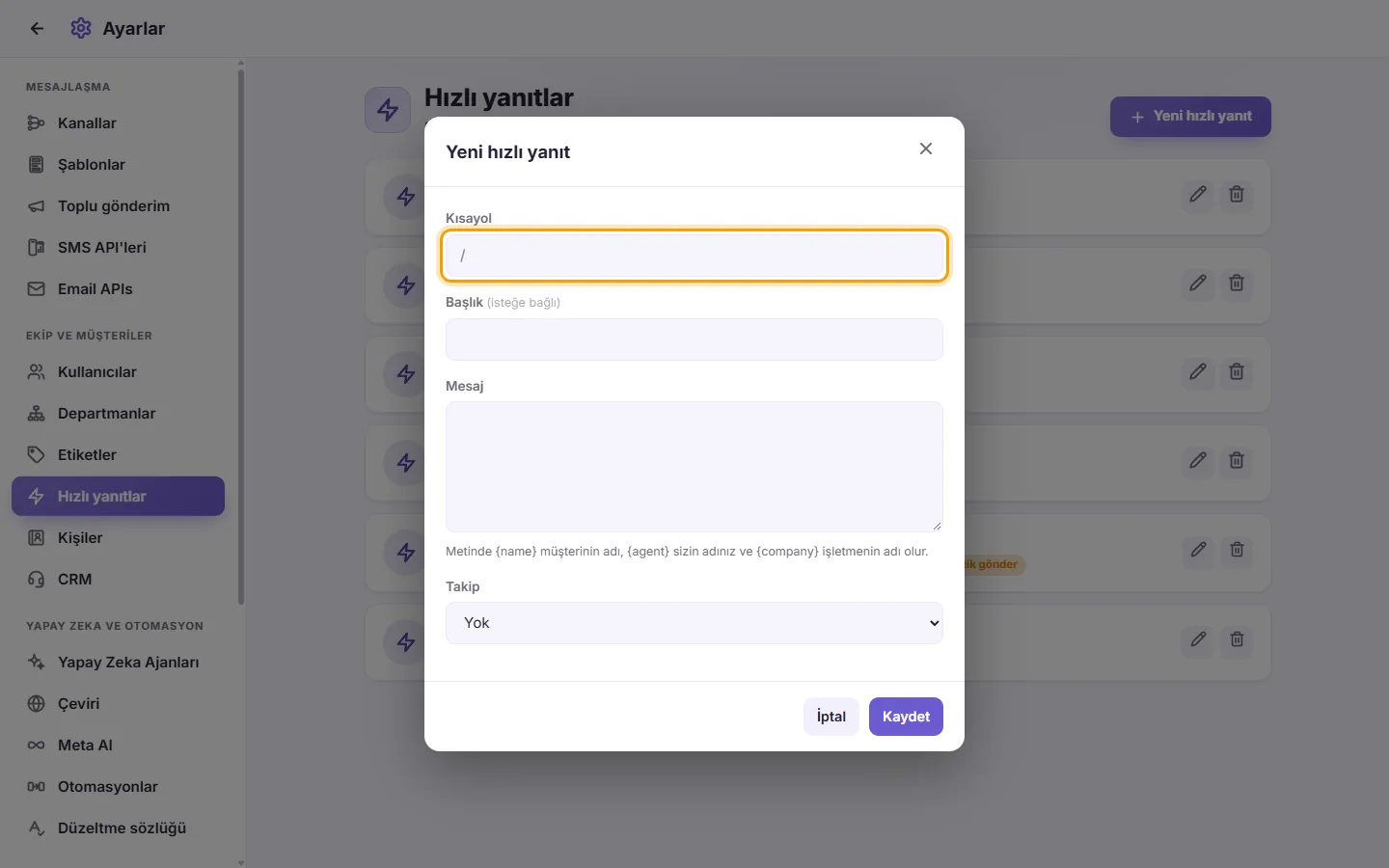 The new quick reply window: its shortcut first, then its title, text and an optional follow-up reminder