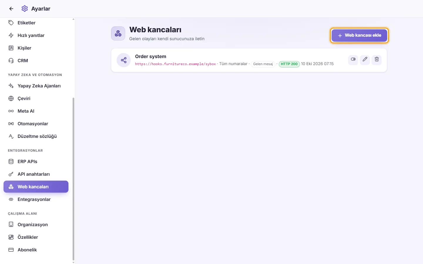 Settings, Webhooks: an active webhook with its last result, and the "Add webhook" button