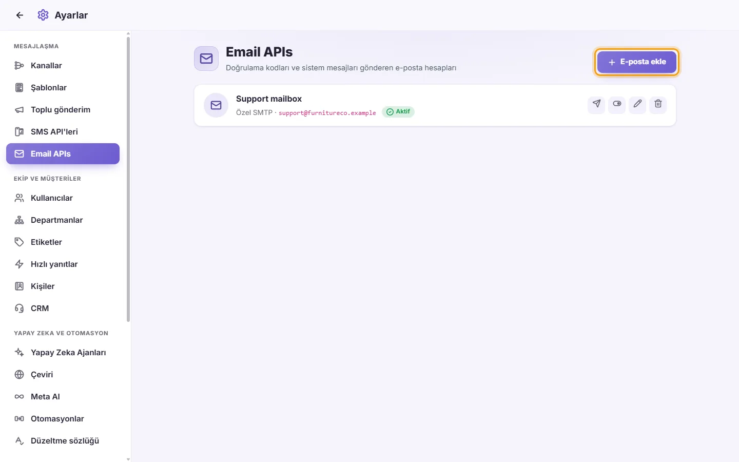 Settings, Email APIs: a connected mailbox and the "Add email" button