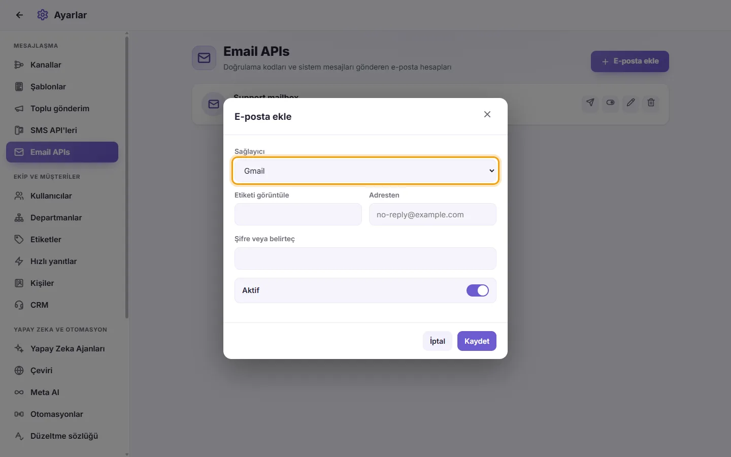 The new email account window: pick the provider first, then the address (and the server, for a custom provider)