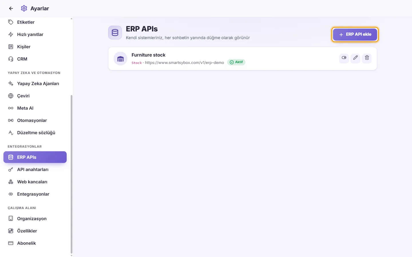 Settings, ERP APIs: a connected stock system that shows as a button in conversations