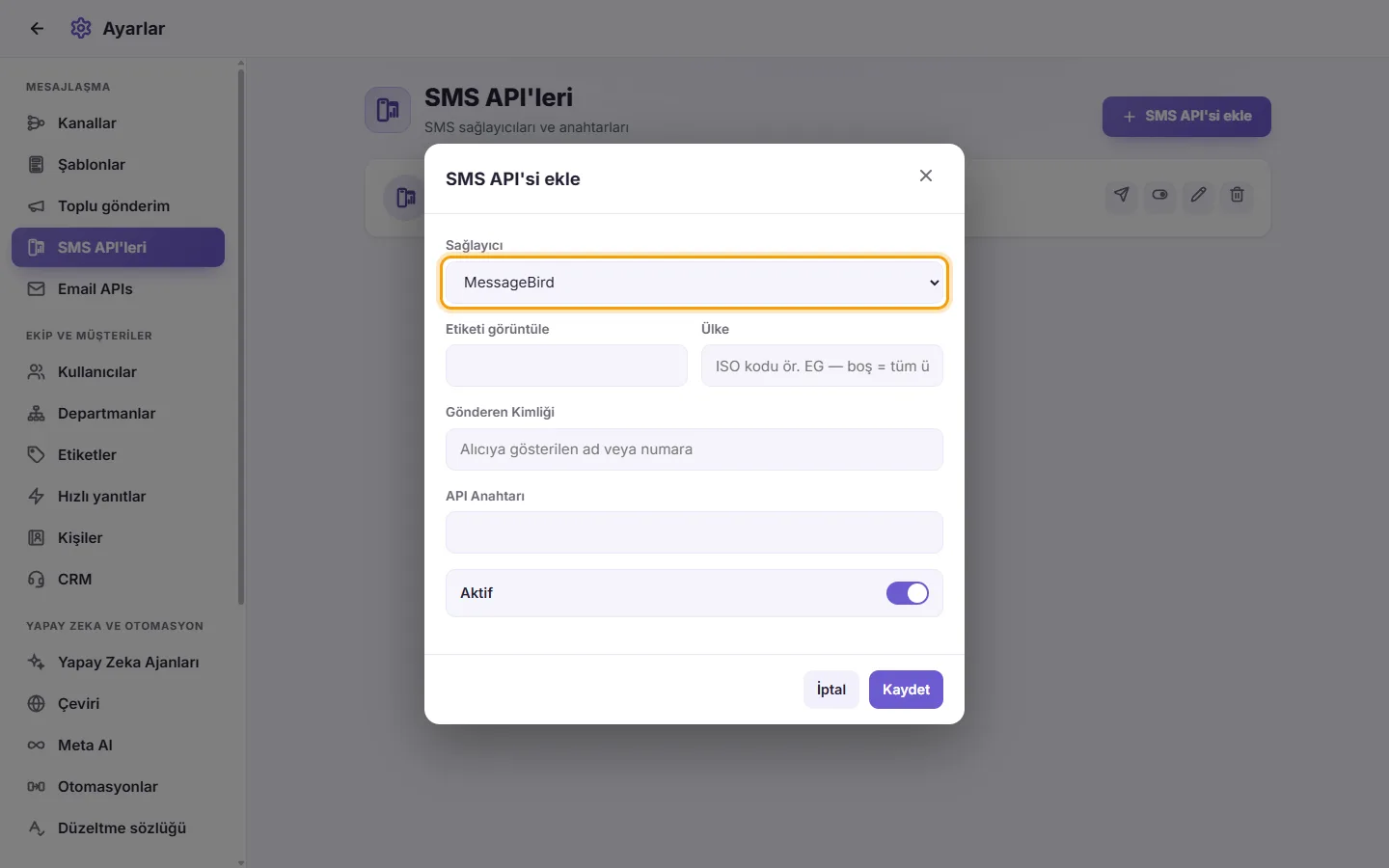 The new SMS gateway window: the provider first, then the country, keys and sender