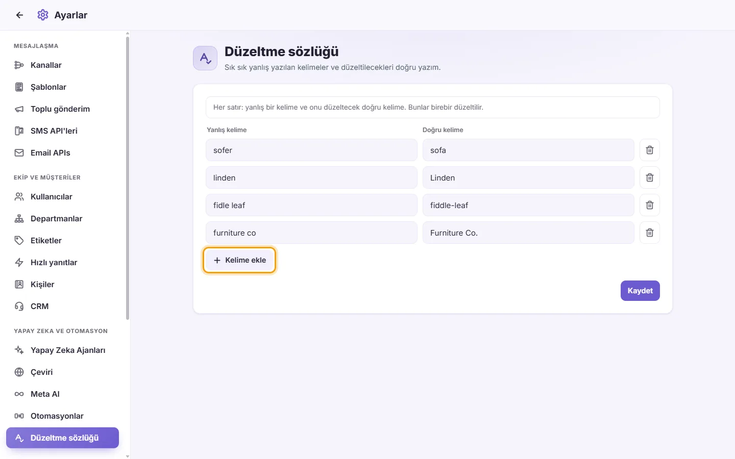 Settings, Correction dictionary: the wrong words and their corrections, and the "Add word" button