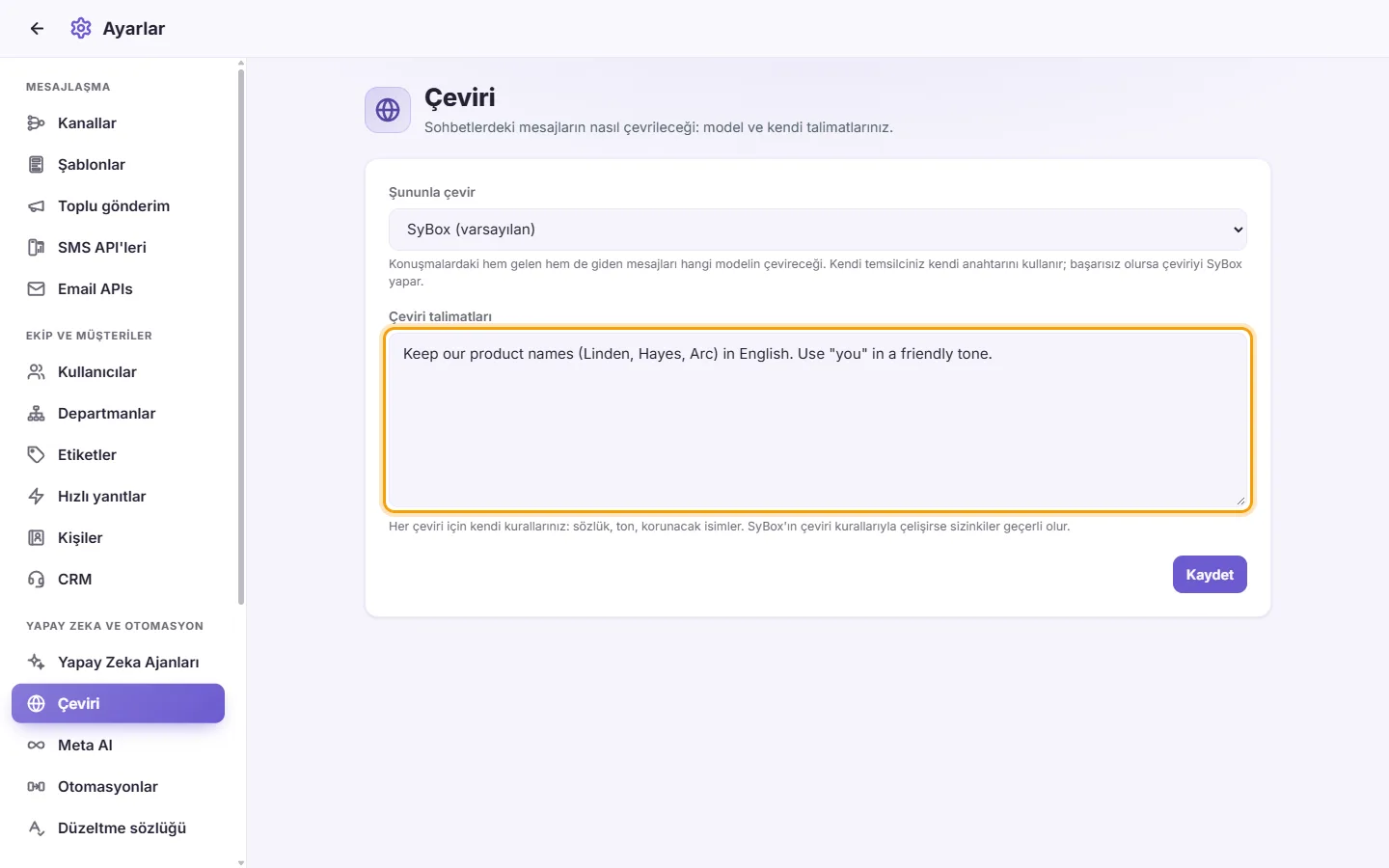 Settings, Translation: the "Translation instructions" box with an example rule
