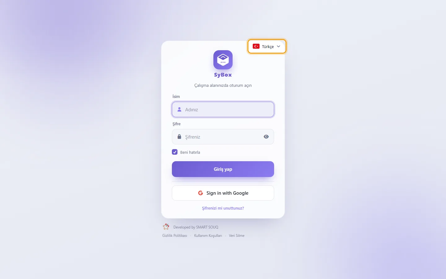 The sign-in page: the language button at the top