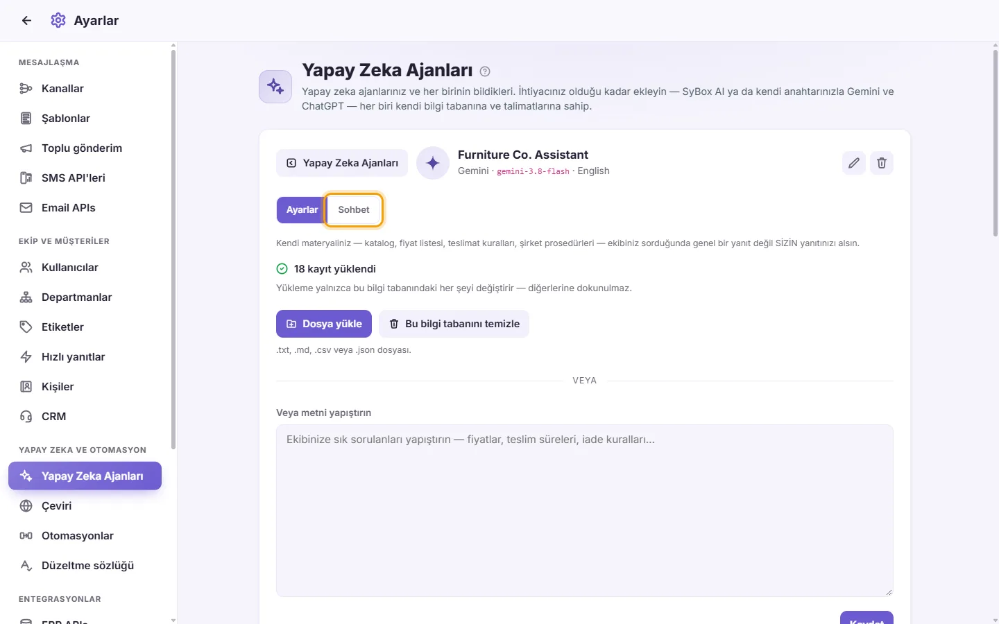 An agent's page: its "Chat" tab beside "Settings"