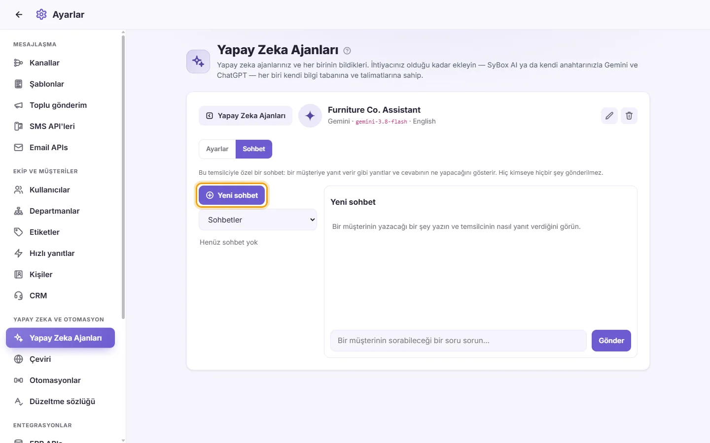 The agent's Chat: "New chat" and the list of your chats with it
